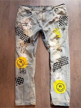 AHP Mens Graphic Graffiti Jeans 46X34 46 L Checkered Distressed Streetwear baggy